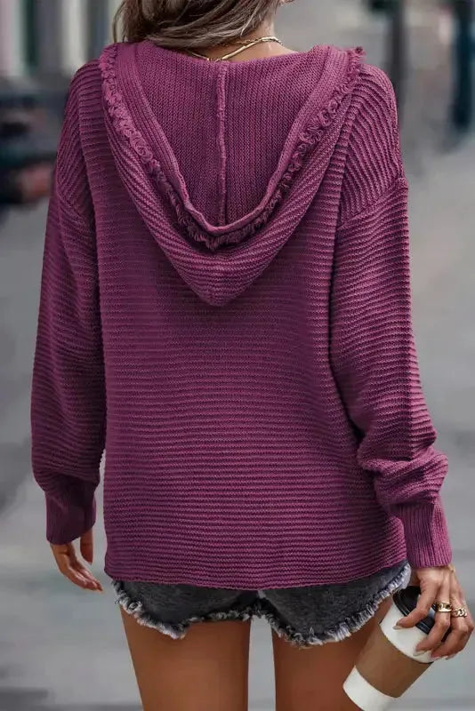 Ribbed drop shoulder hooded sweater back view — Fashionfitz UK
