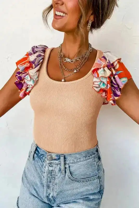 Ribbed Knit Bodysuit -Tiered Ruffled Sleeve - Fashionfitz