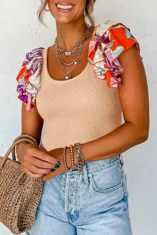 Ribbed Knit Bodysuit -Tiered Ruffled Sleeve - Fashionfitz