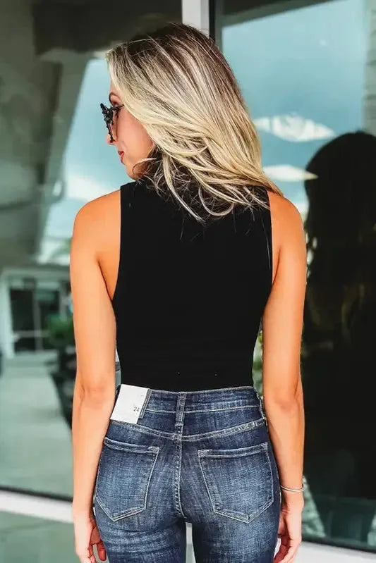 Ribbed Sleeveless Bodysuit - Black Zip-up Mock Neck - Fashionfitz