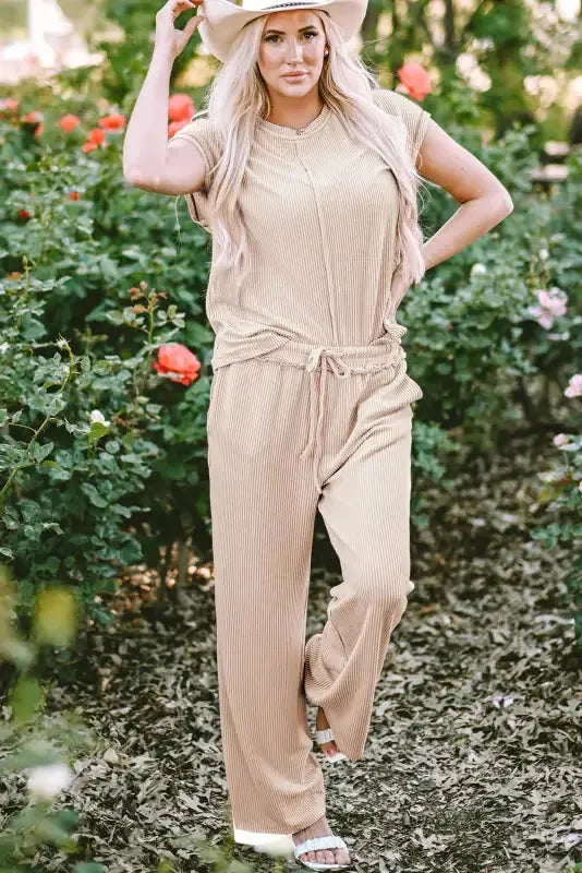 Ribbed Tee and Pants Two-piece Outfit - Fashionfitz