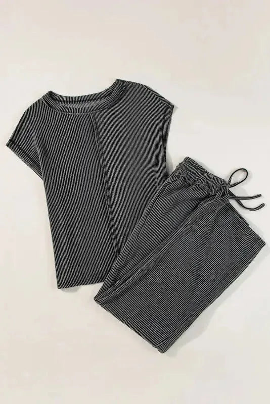 Ribbed Tee and Pants Two-piece Outfit - Fashionfitz