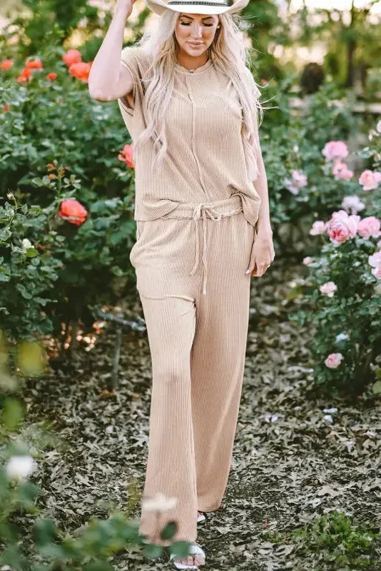 Ribbed Tee and Pants Two-piece Outfit - Fashionfitz
