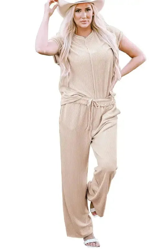 Ribbed Tee and Pants Two-piece Outfit - Fashionfitz