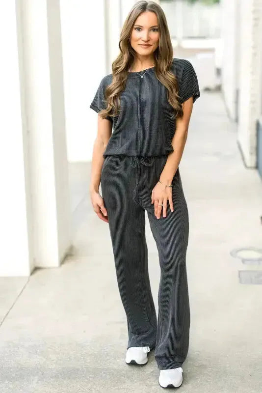 Ribbed Tee and Pants Two-piece Outfit - Fashionfitz