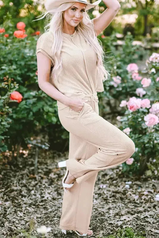 Ribbed Tee and Pants Two-piece Outfit - Fashionfitz