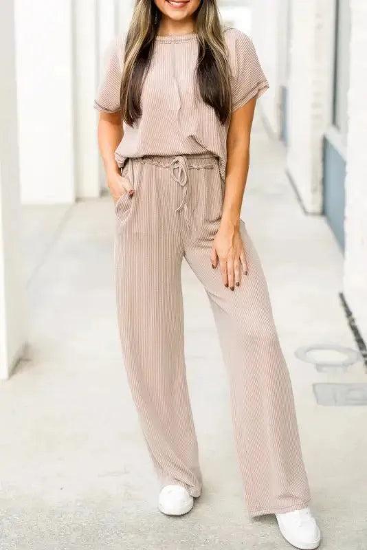 Ribbed Tee and Pants Two-piece Outfit - Fashionfitz