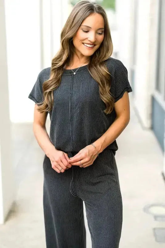 Ribbed Tee and Pants Two-piece Outfit - Fashionfitz