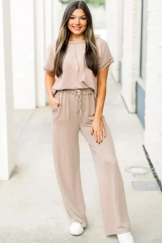 Ribbed Tee and Pants Two-piece Outfit - Fashionfitz