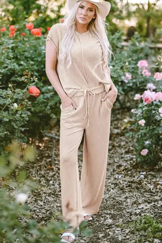 Ribbed Tee and Pants Two-piece Outfit - Fashionfitz