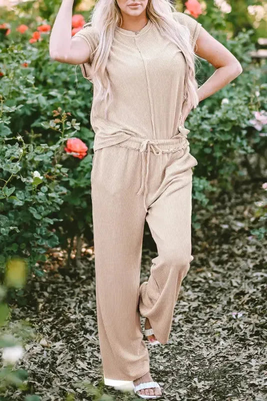 Ribbed Tee and Pants Two-piece Outfit - Fashionfitz