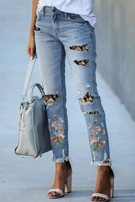 Ripped Skinny Jeans - Sky Blue Printed Patch - Fashionfitz