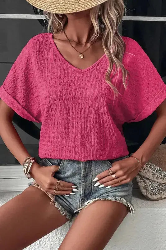 Rolled Short Sleeve V Neck Blouse - Fashionfitz