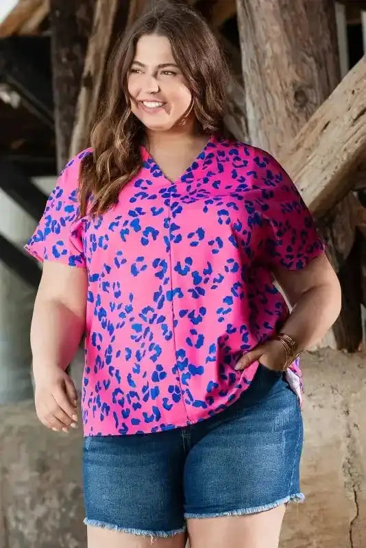 Rose Contrast Leopard Plus Size Blouse - Fashionfitz