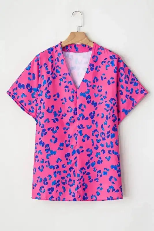 Rose Contrast Leopard Plus Size Blouse - Fashionfitz