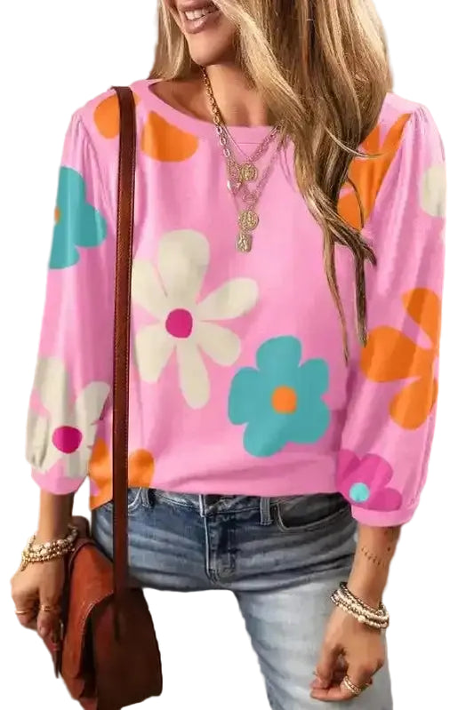 Rose Cute Flower Print Bracelet Sleeve Top - Fashionfitz