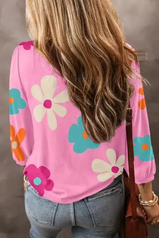 Rose Cute Flower Print Bracelet Sleeve Top - Fashionfitz