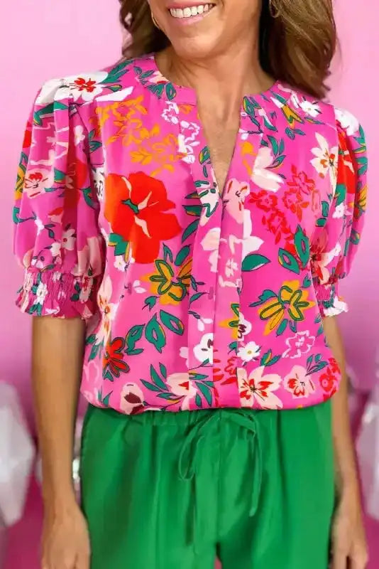 Rose Floral Blouse - Split V-Neck Puff Sleeve - Fashionfitz