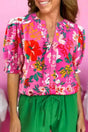 Rose Floral Split V-Neck Puff Sleeve Blouse Women UK — front view showing all-over rose floral print and structured puff sleeves — Fashionfitz