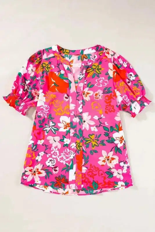 Rose Floral Blouse - Split V-Neck Puff Sleeve - Fashionfitz