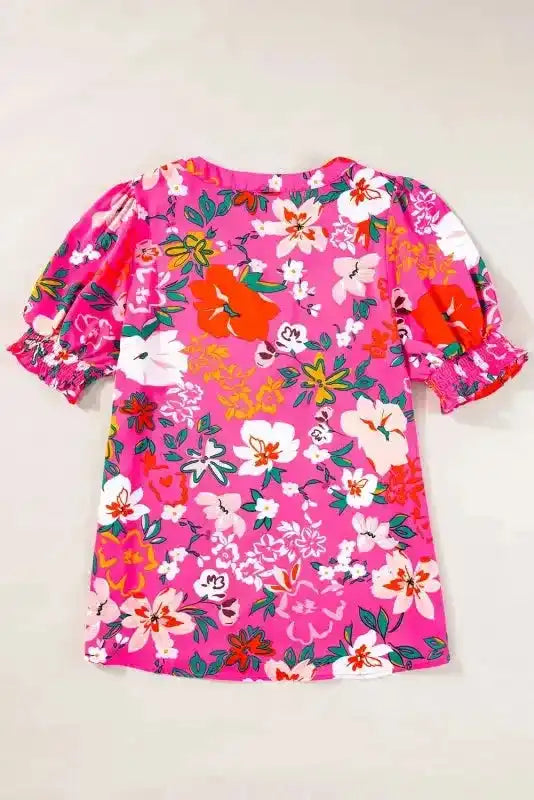 Rose Floral Blouse - Split V-Neck Puff Sleeve - Fashionfitz