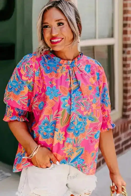 Rose Plus Floral Frilly Neck Blouse - Fashionfitz