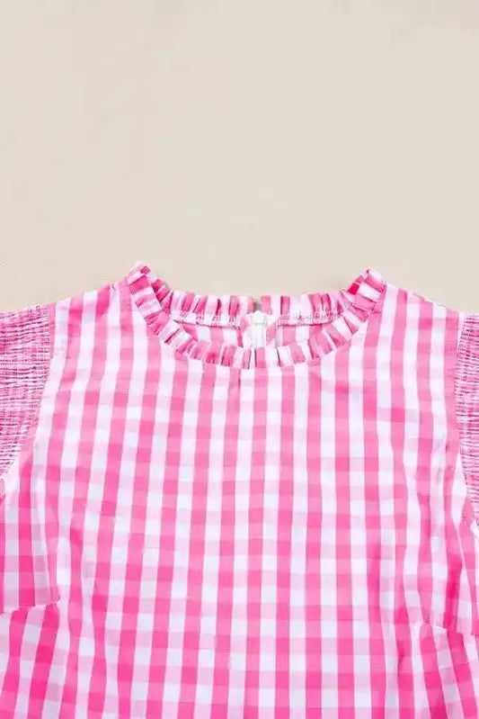Rose Red Checkered Blouse - Ruffled Sleeve Frilled Neck - Fashionfitz