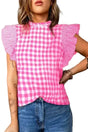 Rose Red Checkered Frilled Neck Ruffled Sleeve Blouse Women UK — front view showing rose red checkered pattern and ruffled sleeves — Fashionfitz