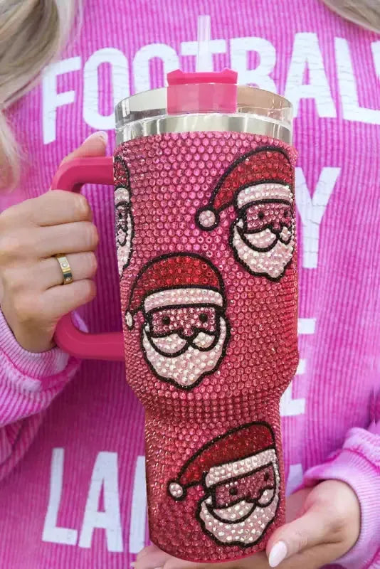 Rose Red Christmas Santa Claus Diamond Thermos Cup with Straw - Fashionfitz