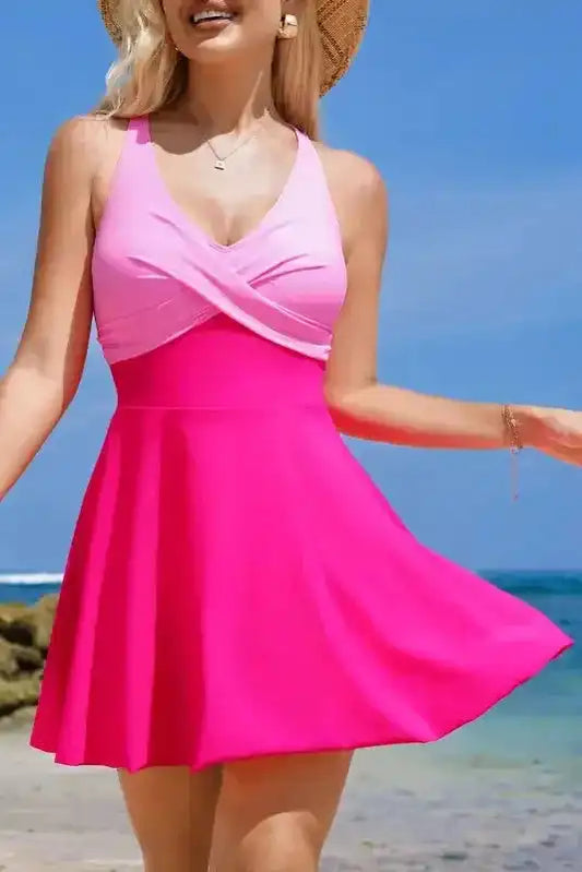 Rose Red Crisscross Straps Tie Back Flared One Piece Swimsuit - Fashionfitz