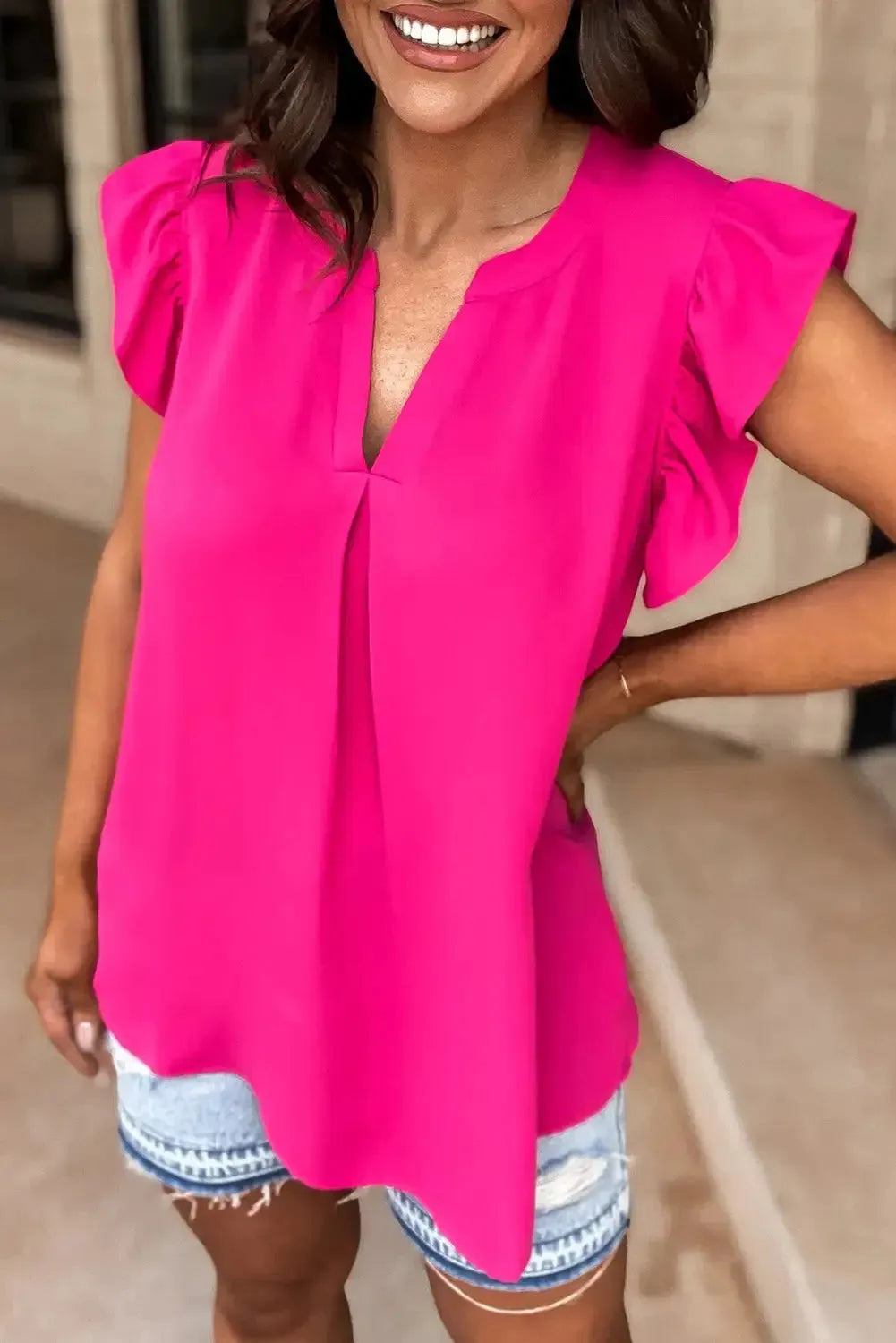 Rose Red Notched Neck Ruffle Sleeve Blouse - Fashionfitz