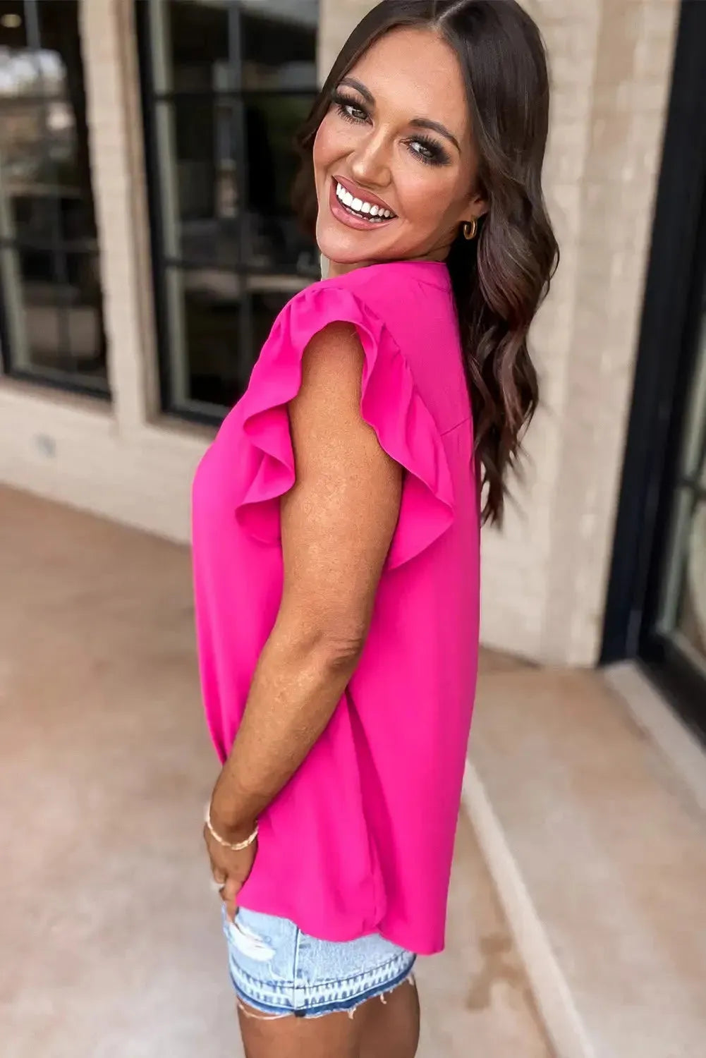 Rose Red Notched Neck Ruffle Sleeve Blouse - Fashionfitz
