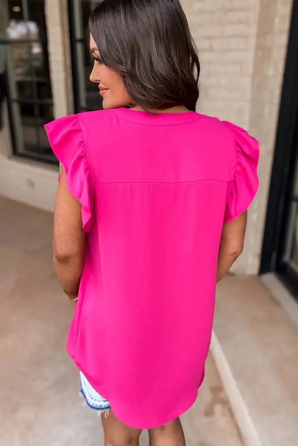 Rose Red Notched Neck Ruffle Sleeve Blouse - Fashionfitz
