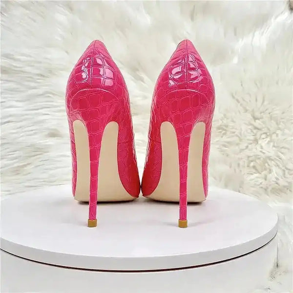 Back view of Rose Red Stiletto High Heels showcasing slim heels and glossy PU leather finish, ideal for elegant adult women's footwear.