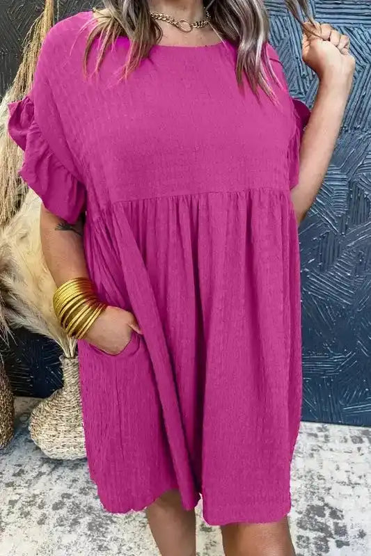 Rose Red Textured Mini Dress - Fashionfitz