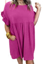 Woman wearing rose red waffle knit shift dress with ruffled cap sleeves, front view, Fashionfitz UK