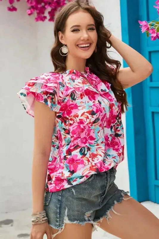 Rose Ruffle Flutter Sleeve Floral Blouse - Fashionfitz