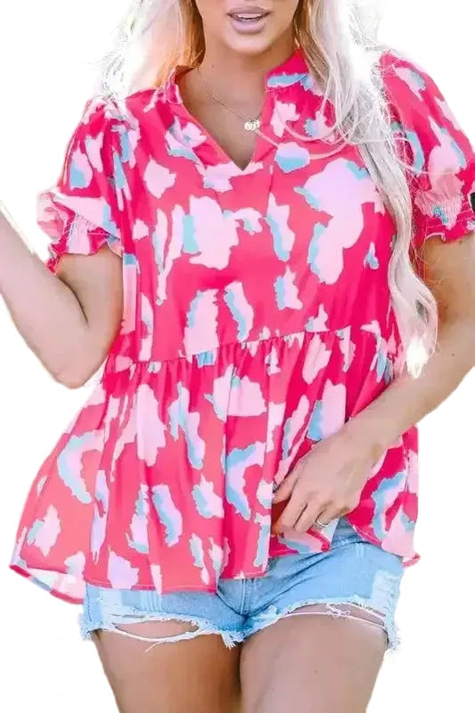 Rose Smocked Puff Sleeve V-Neck Blouse - Fashionfitz
