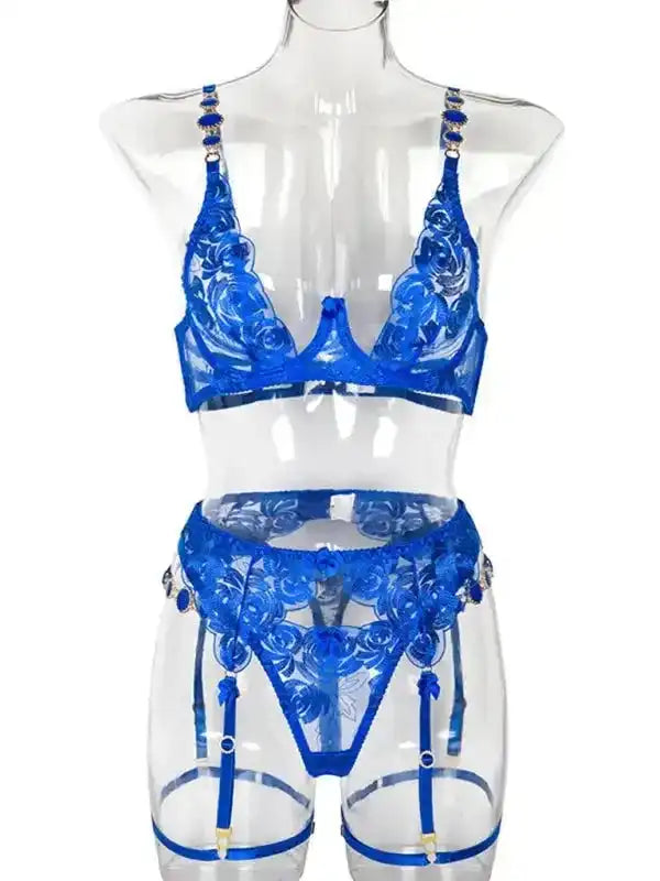 Roses Are Red - Embroidered 3-Pieces Garter Lingerie Set - Fashionfitz