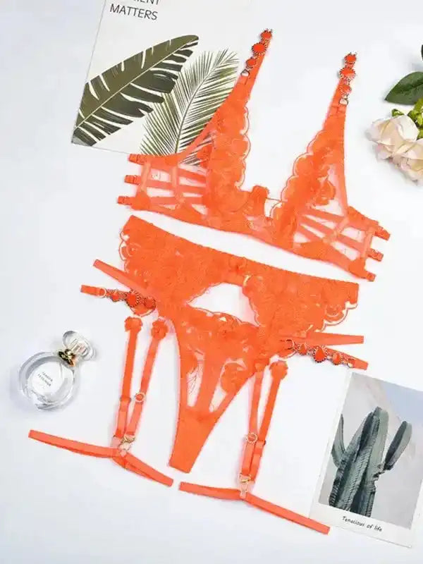 Roses Are Red - Embroidered 3-Pieces Garter Lingerie Set - Fashionfitz