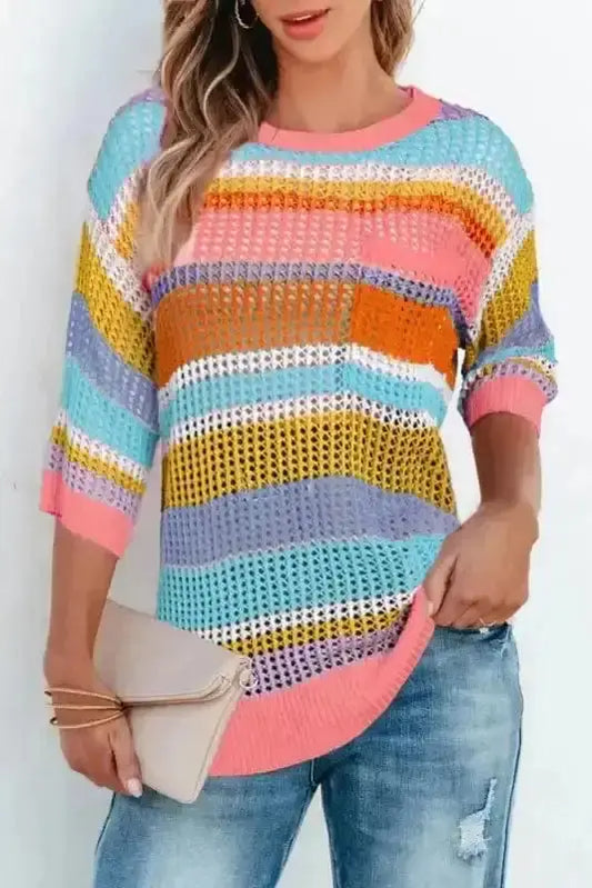 Short Sleeve Sweaters Rosy Ribbons Crochet Sweater
