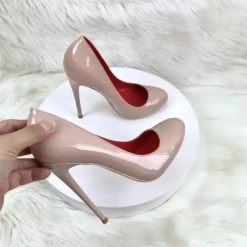 Round Head Lacquer Leather High Heels Shoes - Fashionfitz