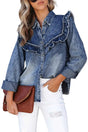 Blue Ruffle Denim Shirt Women UK — front view showing vintage-wash denim and ruffled detail with shirt collar — Fashionfitz