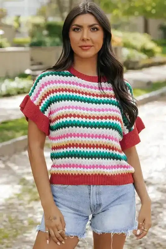 Ruffle Sleeve Colorful Textured Sweater - Fashionfitz