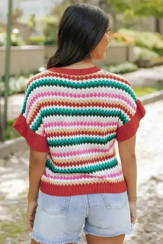 Ruffle sleeve colourful textured sweater back view — Fashionfitz UK