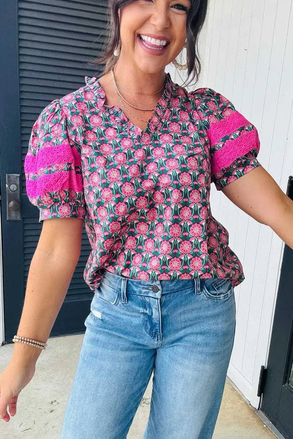 Sachet pink ruffle puff sleeve blouse back view — Fashionfitz UK