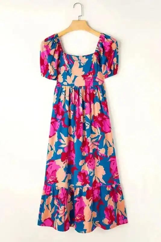 Ruffled Floral Dress - Square Neck Bubble Sleeve - Fashionfitz
