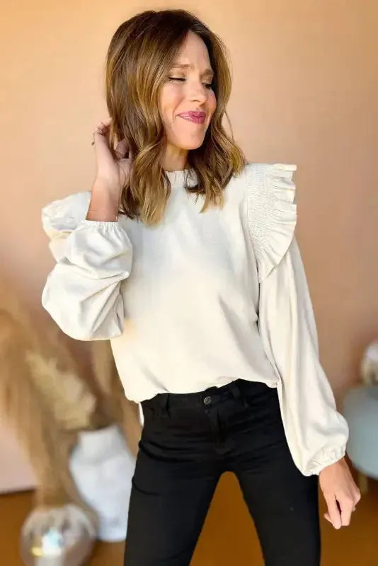 Ruffled Trim Bubble Sleeve Blouse - Fashionfitz
