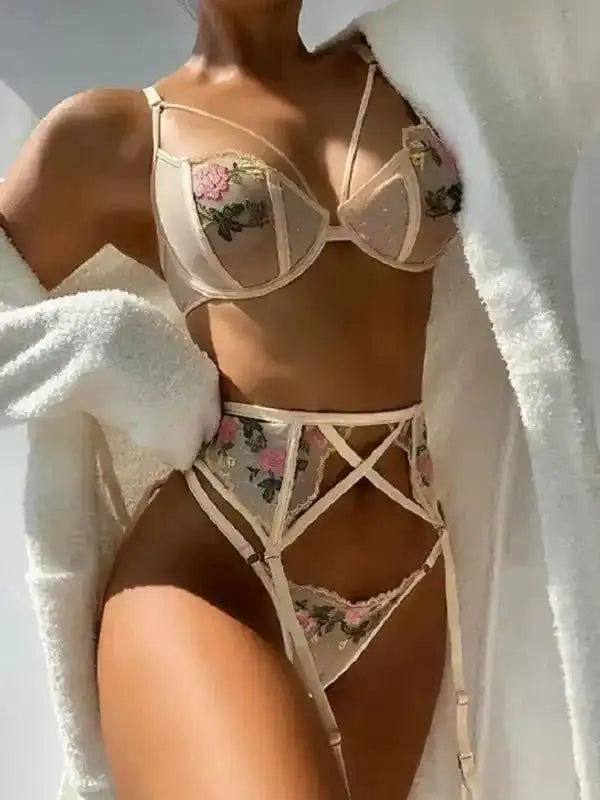 FashionFitz Say My Name - Mesh 3-Pieces Garter Lingerie Set in beige, styled with floral embroidery and seductive sheer mesh fabric.