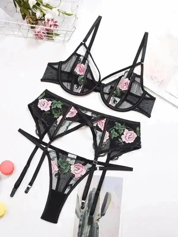 Black Say My Name - Mesh 3-Pieces Garter Lingerie Set with pink floral embroidery, sheer mesh bra, garter belt, and thong for summer fashion.